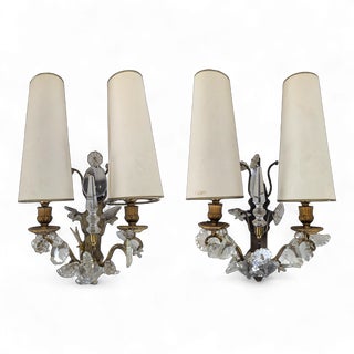 Crystal Wall Sconces with White Shades, Set of 2 For Sale