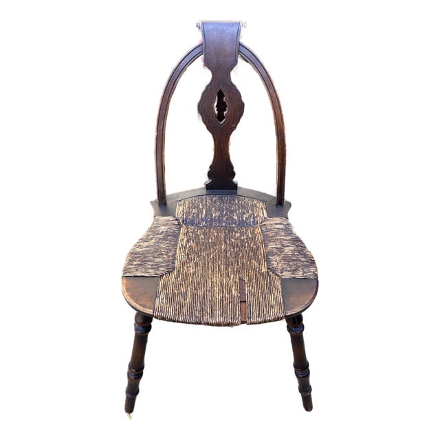 Antique Late 18th or Early 19th Century Rush Seat Petite Windsor Sack Back Hoop Chair With Pierced Central Splat For Sale