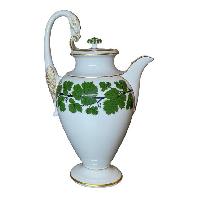 Meissen Porcelain Gilt Green Ivy Leaf Vine Swan Neck Handle Coffee Pot For Sale