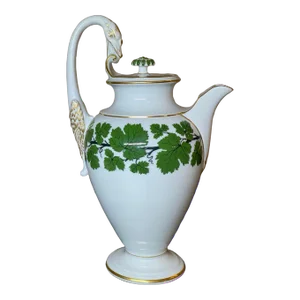 Meissen Porcelain Gilt Green Ivy Leaf Vine Swan Neck Handle Coffee Pot