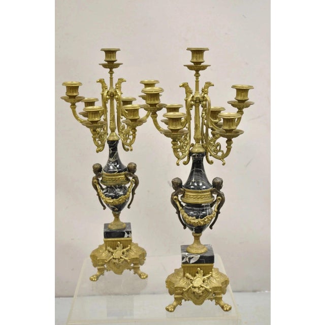 French Vintage French Louis XV Style Brevettato Italy Brass & Marble Figural Clock Set For Sale - Image 3 of 16