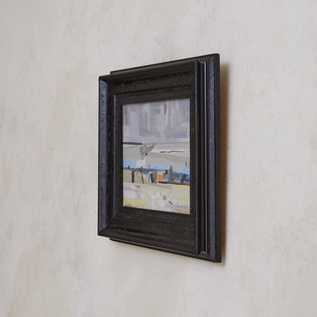 A French oil on canvas painting, signed and dated 1958. The composition abstracts a harbor scene into planes of soft...
