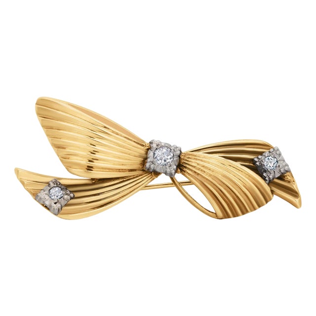 Vintage Tiffany and Co. 14k Yellow Gold Diamond Bow Love Knot Brooch For Sale