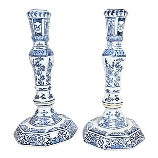 Vintage Blue Delft Candlesticks- Set of Two For Sale