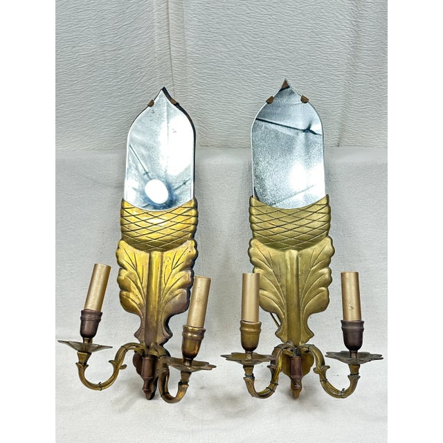 Vintage Brass and Mirrored Chapman Leaf and Acorn Electric Sconces-a Pair For Sale - Image 10 of 10