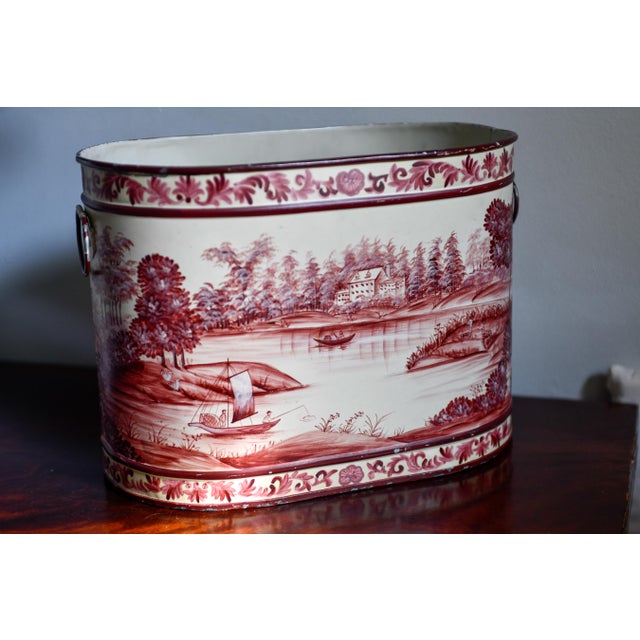 1980s Red Cream Toleware Painted Planter, Ice Bucket, Hand-Painted Pastoral River Scene, Oval Cachepot With Handles, 13.5"w For Sale - Image 4 of 9