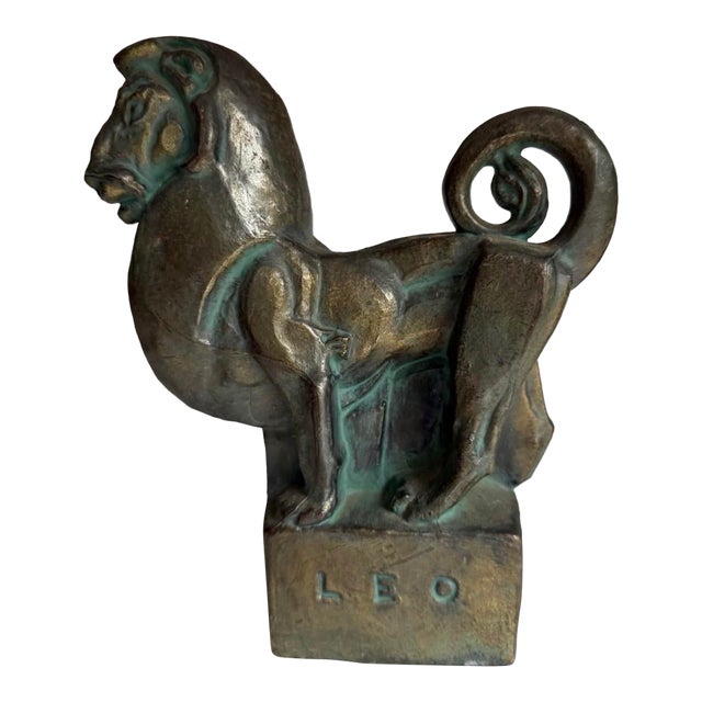 Vintage Mid Century Modern Fred Press Leo Zodiac Bronzed Metal Sculpture For Sale