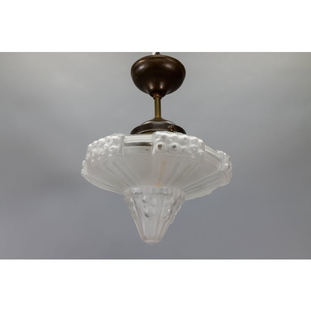 Art Deco French Frosted White Glass and Brass Ceiling Light, 1930s For Sale - Image 12 of 18