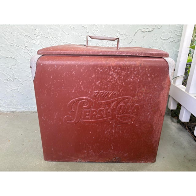 1940s Vintage 1940s Drink Pepsi-Cola Embossed Metal Cooler by Progress Refrigerator Co. For Sale - Image 5 of 12