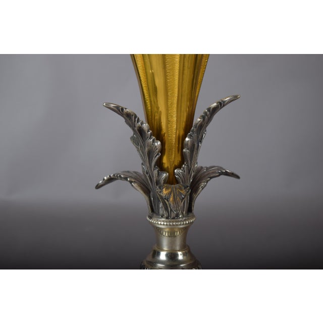 Brass and Silver-Toned Table Lamp with Leaf Base and Pleated Shade, 1960s For Sale - Image 9 of 15