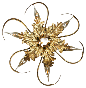 Hollywood Regency Style Gilt Metal 6-Light Oak Leaf Flush Mount, 1970s