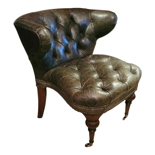 Late 20th Century Victorian Style Tufted Leather Cockfighting Chair For Sale