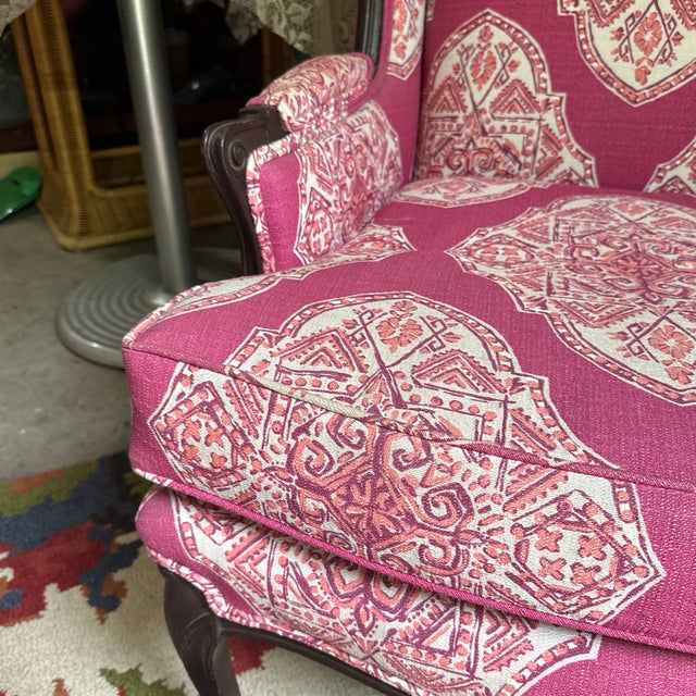 1970s Pink Cushioned Chair With Wooden Accents For Sale - Image 4 of 11