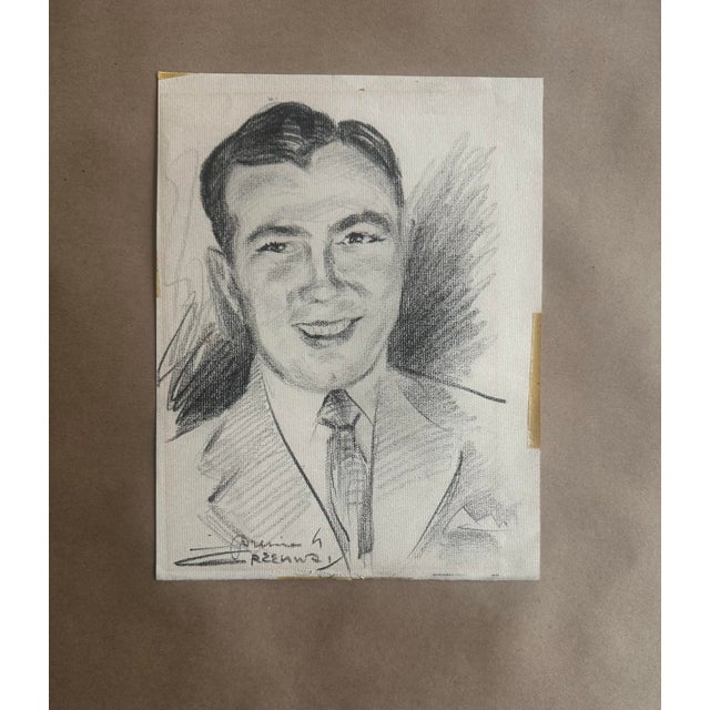 A striking vintage portrait of possibly a young celebrity, rendered in expressive pencil or charcoal on paper. This piece...