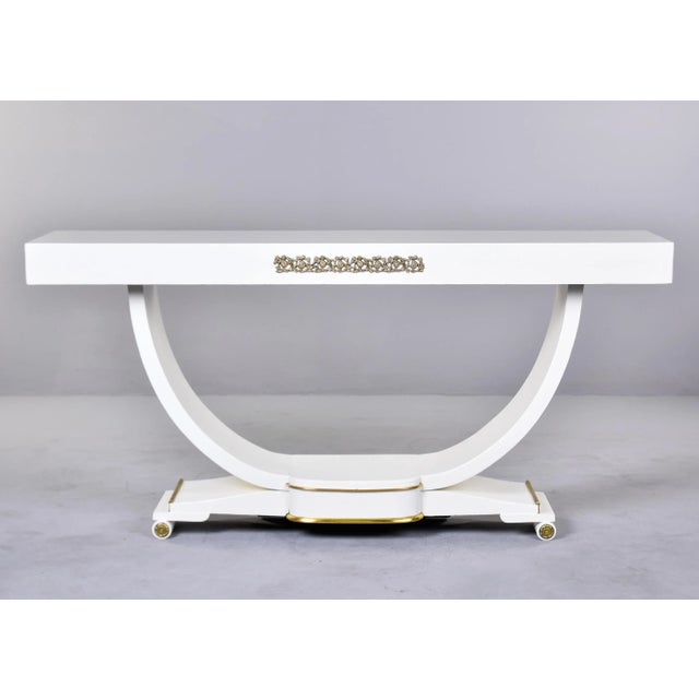 French Art Deco Console in White Finish With Brass Detailing For Sale - Image 4 of 12