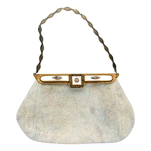 Vintage White Beaded Handbag With Pastel Enamel, Circa Mid-20th Century, Europe For Sale