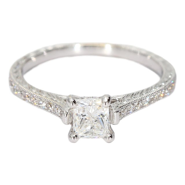 18k White Gold Solitaire Ring With a Princess Cut Center Diamond & Filigree Band, Size 5.75 For Sale