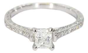 18k White Gold Solitaire Ring With a Princess Cut Center Diamond & Filigree Band, Size 5.75