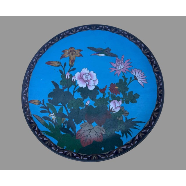 Early 20th Century Antique Japanese Meiji Cloisonne Charger Bird Flowers Blue Enamel 12 For Sale - Image 5 of 8