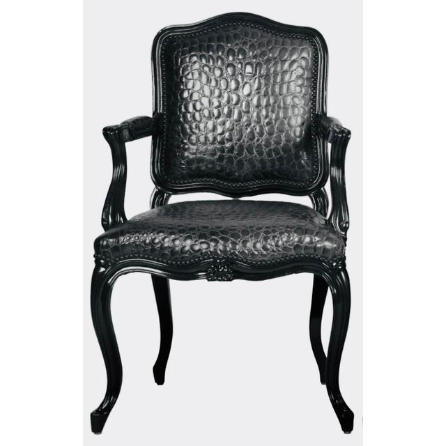 Dark Green Black Faux Crocodile & Glossy Black Louis XV Style Armchair For Sale - Image 8 of 8