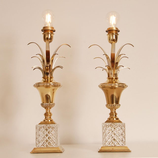 1970s Mid Century French Table Lamps Crystal and Gold Brass Reed Modern Lamps - A Pair For Sale - Image 11 of 12