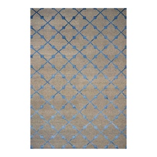 Modern Indo Nepalese Wool and Silk 7 X 9 Blue & Tan/Grey Handmade Area Rug #1143457 For Sale
