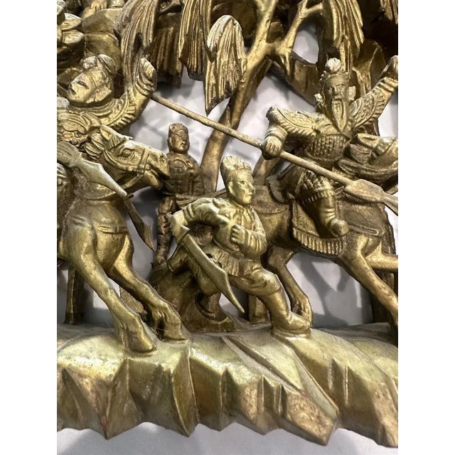 Antique Chinese Gilt Carved Wood Wall Panel, Battle Scene Relief For Sale - Image 10 of 15
