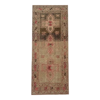 Antique Karabagh Runner 4x8 – Faded Medallions in Beige & Muted Red For Sale