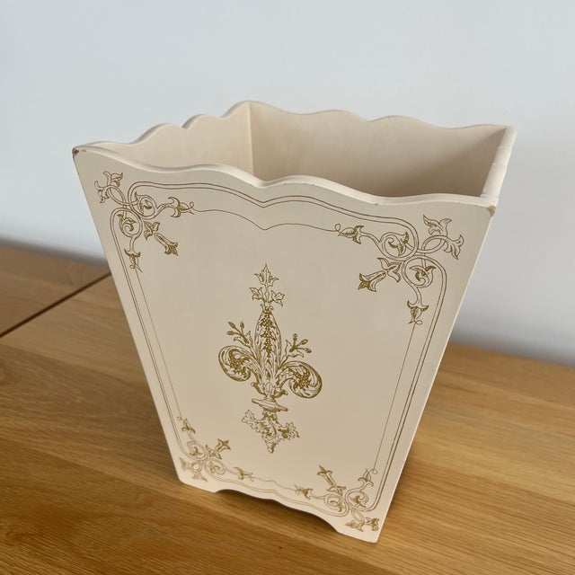 Vintage Hollywood Regency Style Wood Wastebasket With Painted Fleur De