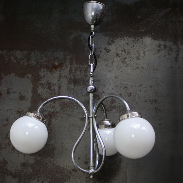 Metal French Art Deco Nickel-Plated 3-Arm Chandelier with White Opaline Glass Globes For Sale - Image 7 of 10