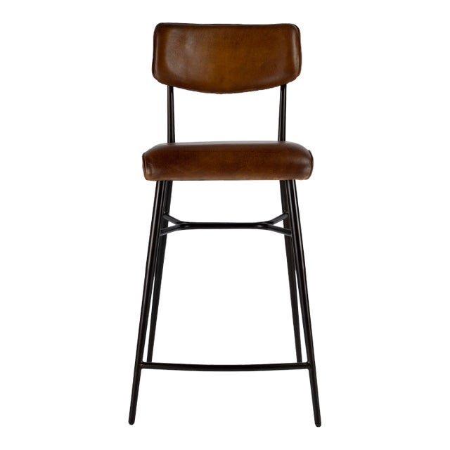 Odessa Square Leather 26.5" Counter Stool, Medium Brown For Sale