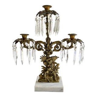 Antique Brass Victorian Couple 3 Arm Girandole Candlestick With Marble Base & Prisms For Sale