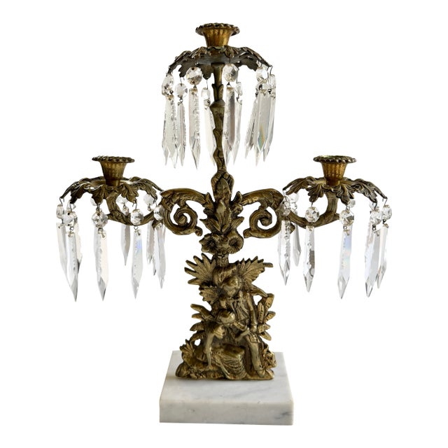 Antique Brass Victorian Couple 3 Arm Girandole Candlestick With Marble Base & Prisms For Sale