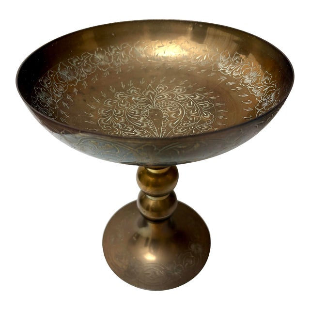 Vintage Etched French Floral Brass Pedestal Bowl For Sale
