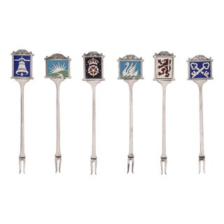 Vintage English Silver Cased Pub Sign Cocktail Picks, 1952, Set of 6 For Sale