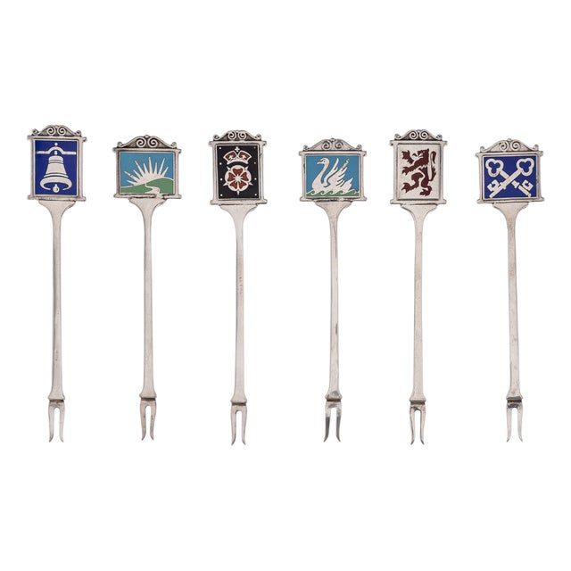 Vintage English Silver Cased Pub Sign Cocktail Picks, 1952, Set of 6 For Sale