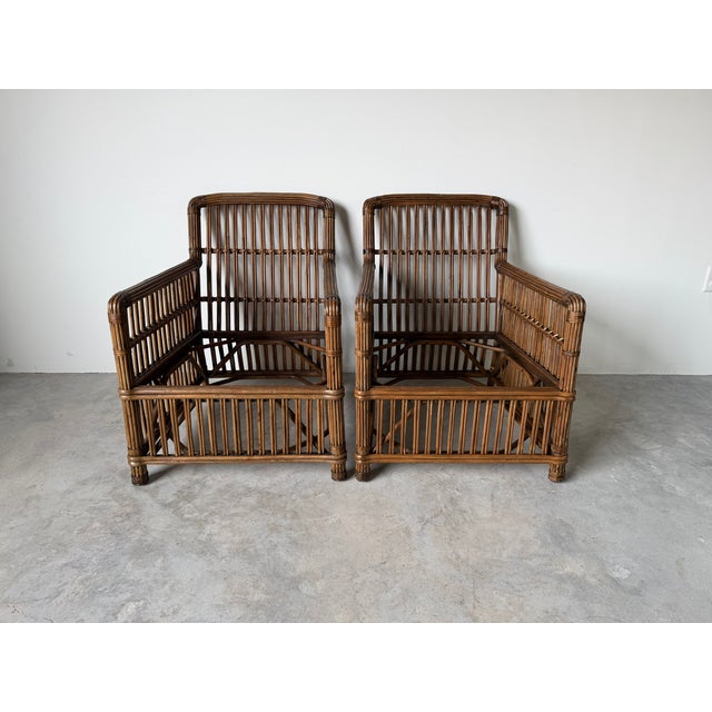Vintage Palecek President’s State Stick Rattan Lounge Chairs – Pair For Sale - Image 4 of 18