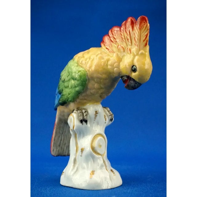 A delightful small, hand-decorated, polychrome vitrified porcelain sculpture depicting a red-crested cockatoo parrot,...