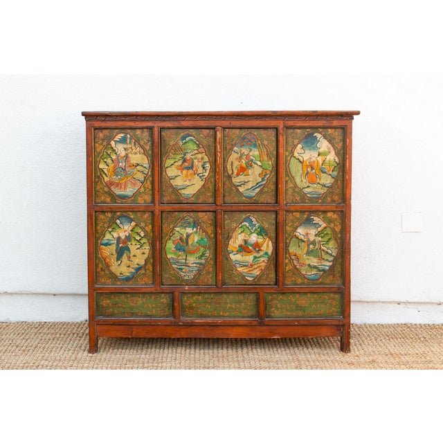 Asian Antique Early 19th Century Tibetan Green & Orange Painted Cabinet For Sale - Image 3 of 12