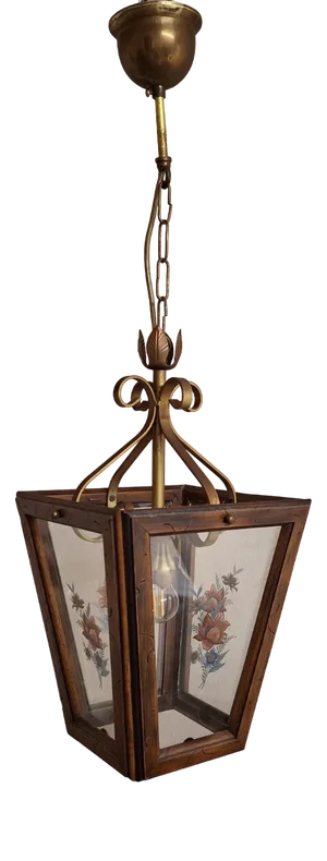 Vintage Ceiling Lamp in the Shape of Lantern with Walnut Frame and Clear Discs with a Colored Floral Motif, 1970s