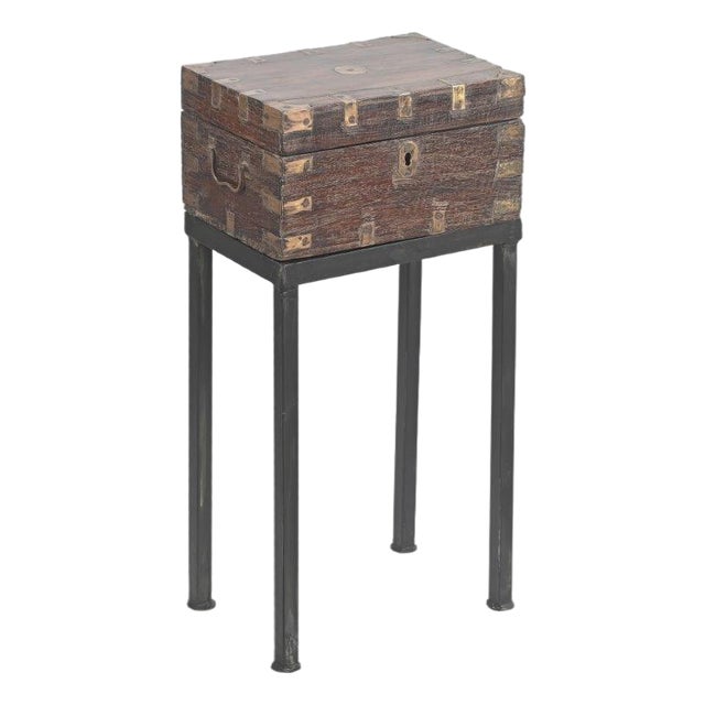 Vintage Anglo-Indian Teak and Brass Small Chest on Iron Legs/Side Table For Sale