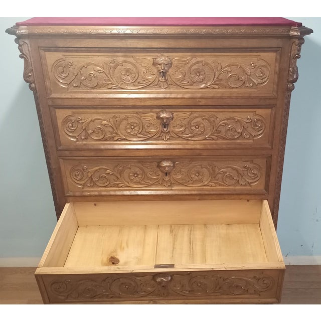 Antique Italian Chest of Drawers in Carved Nutwood with Velvet Top, 1890s For Sale - Image 13 of 18