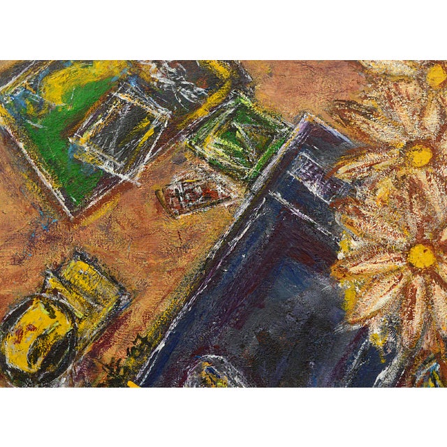 Whimsical abstracted textural still life with three daises and other objects floating through an ambiguous orange space by...