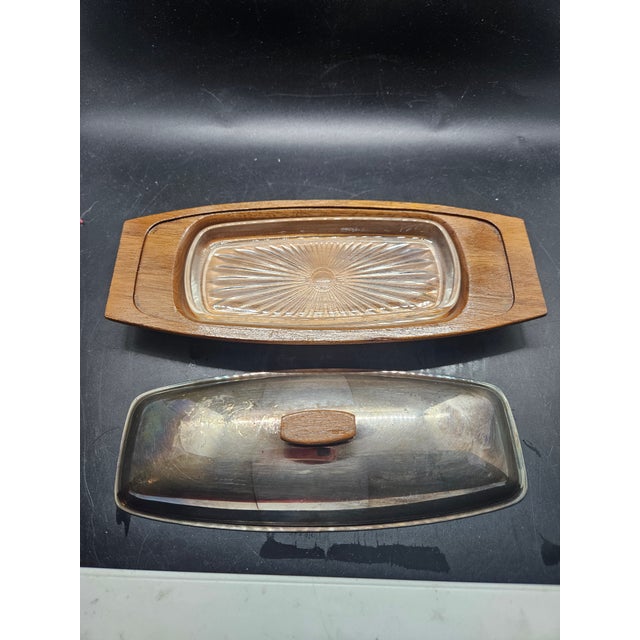 Mid-Century Modern Vintage Gorham Yc75 Mid-Century Modern Teak and Steel Butter Dish W/Glass Insert For Sale - Image 3 of 4