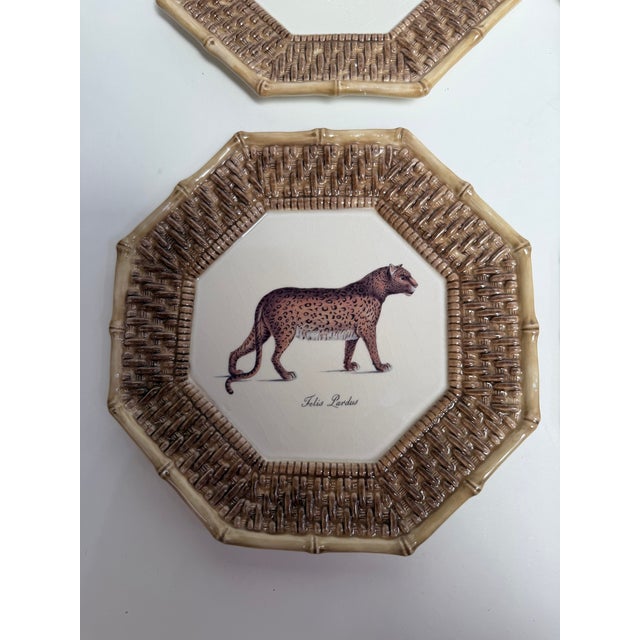Brown 4 VTG Raymond Waites Empire Plates Brown Rattan Tiger Leopard Octagon 9.5" For Sale - Image 8 of 10