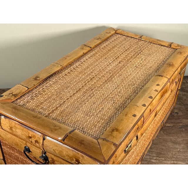 Wood Vintage Bamboo and Woven Rattan Storage Trunk Chest For Sale - Image 7 of 8