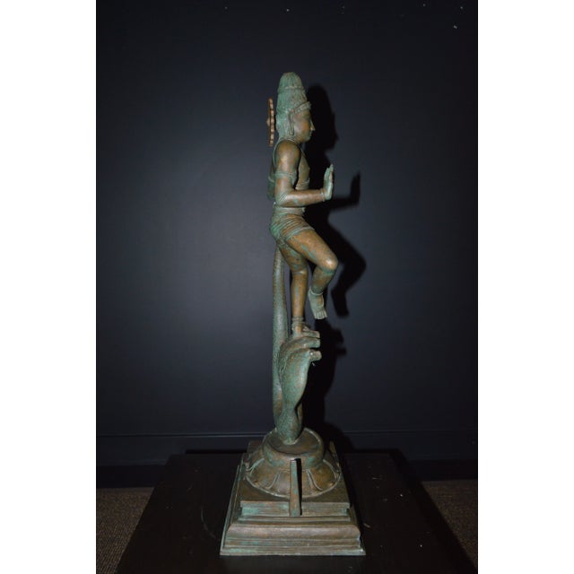 Metal Mid Century Indian Chola Style Bronze Metal Krishna Dance Snake Tandava Tall Large Antique Statue Figure For Sale - Image 7 of 13