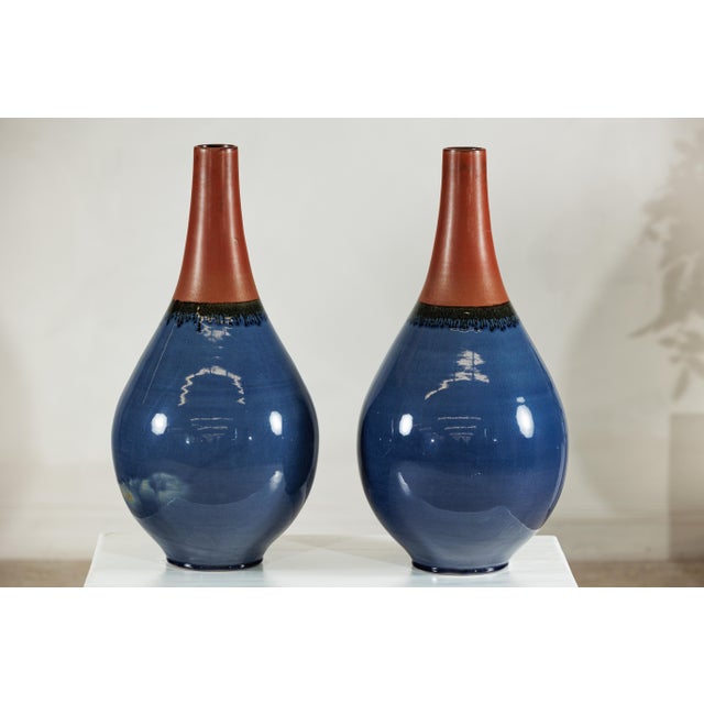Ceramic Large Artisan Teardrop Ceramic Vases in Deep Blue and Terracotta Glaze - A Pair For Sale - Image 7 of 18