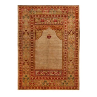 Antique Hereke Golden-Beige and Red Floral Silk Rug For Sale