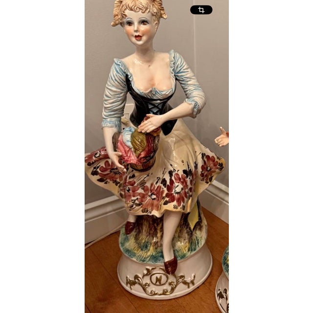 Chestnut Huge 28" Vintage Capodimonte Porcelain Figurine Pair - Italian Peasant Couple - Crown N Mark - XL Floor Statues Hand Painted Italy Decor For Sale - Image 8 of 8